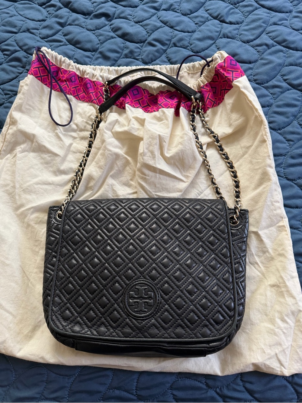 Tory Burch Black Quilted Leather Shoulder Bag with Chain Strap